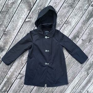 LONDON FOG Black Raincoat REMOVABLE HOOD Silver Toggle Closure WOMENS PETITE M